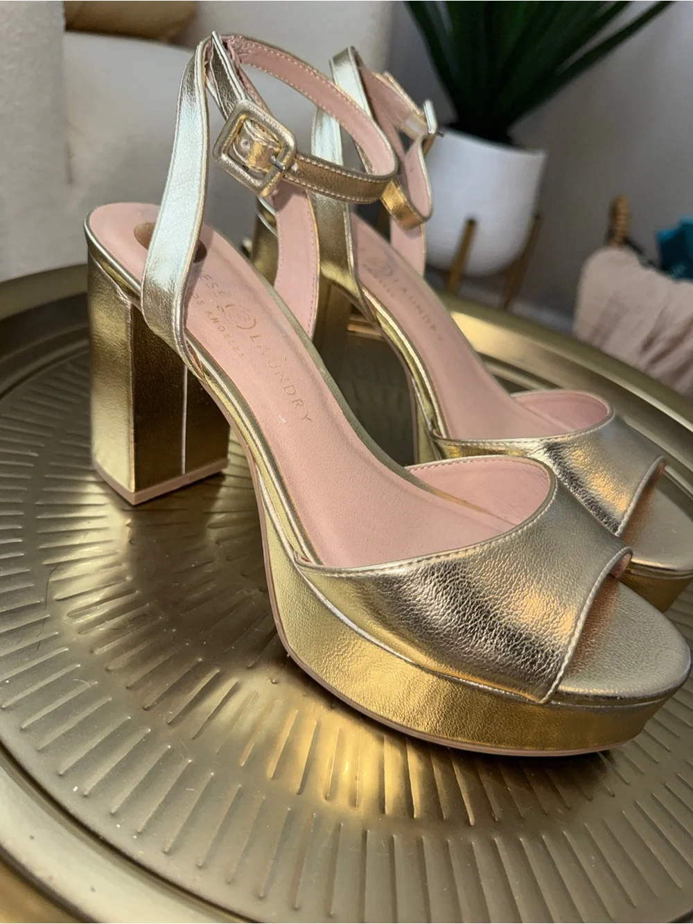 Metallic Gold Ankle-Strap Block Heel Sandals